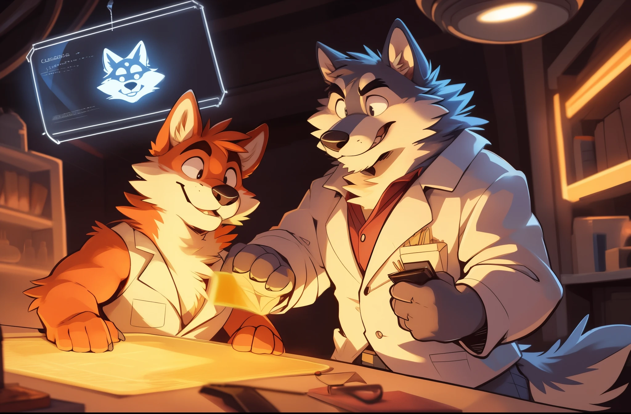 trending on pixiv, (masterpiece), (anime), (male_only) (furry), (couple picture), (2characters: a {black fur panther with red eyes dressed as an arcade gamer}, a {skinny biological scientist professor: multi coloured skinny sheep with demon horns and dressed with a white coat and goggles.}), romantic couple pose, (small build), (tail), (visible fur paws), (round butt), aroused, hearts, EasyPositive