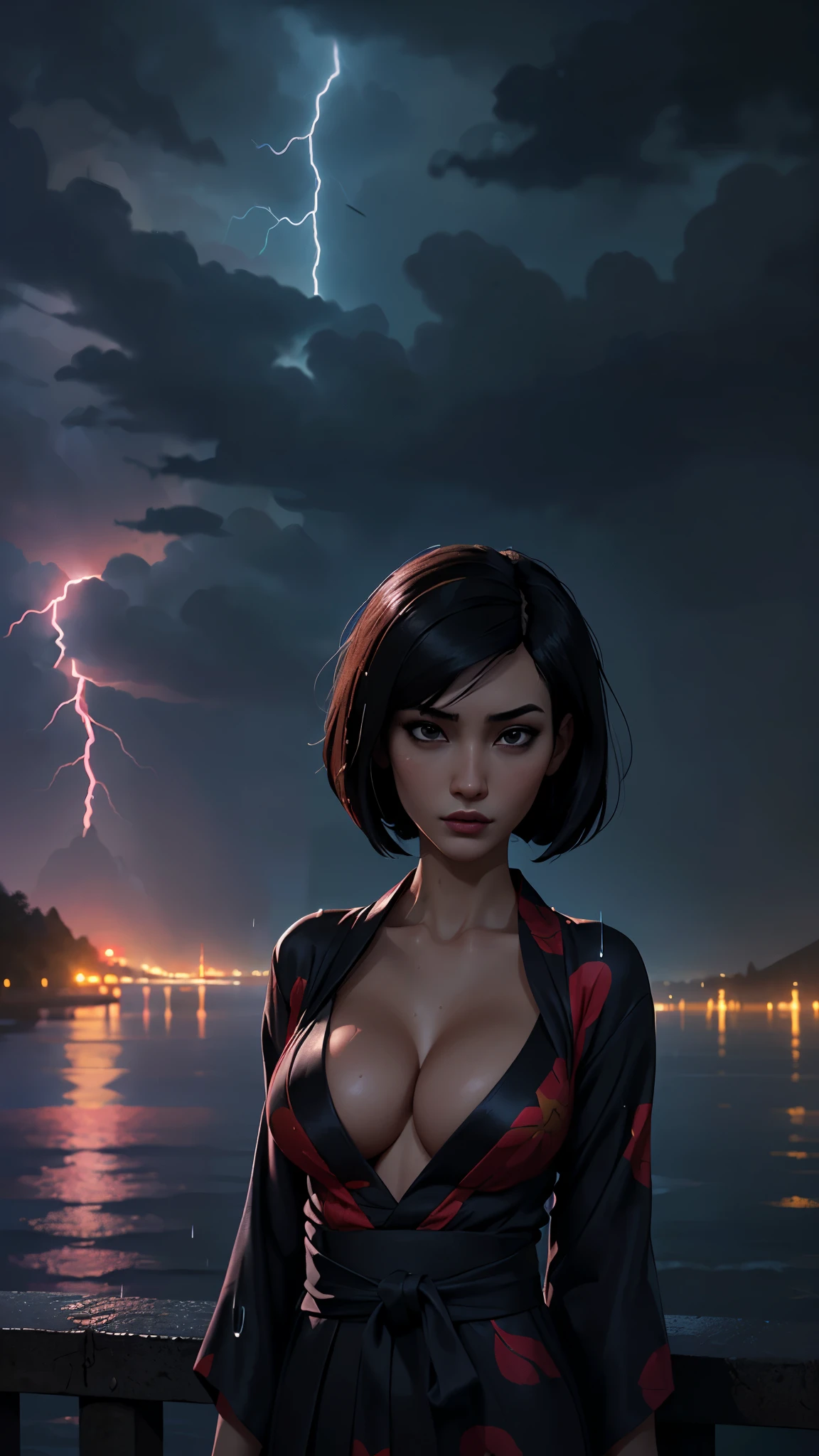 one asian girl, (ada wong:1.3), solo, slender body, (upper body, bust:1.2), black eyes, black hair, (bob haircut:1.2), (yukata, small breasts, cleavage, deep cleavage:1.3), masterpiece, highly detailed, look at viewer, (dark sky, rainy night background:1.2), (rain:1.3), (heavy rain:1.3), (water on the body:1.3), lightning in skies, lightning