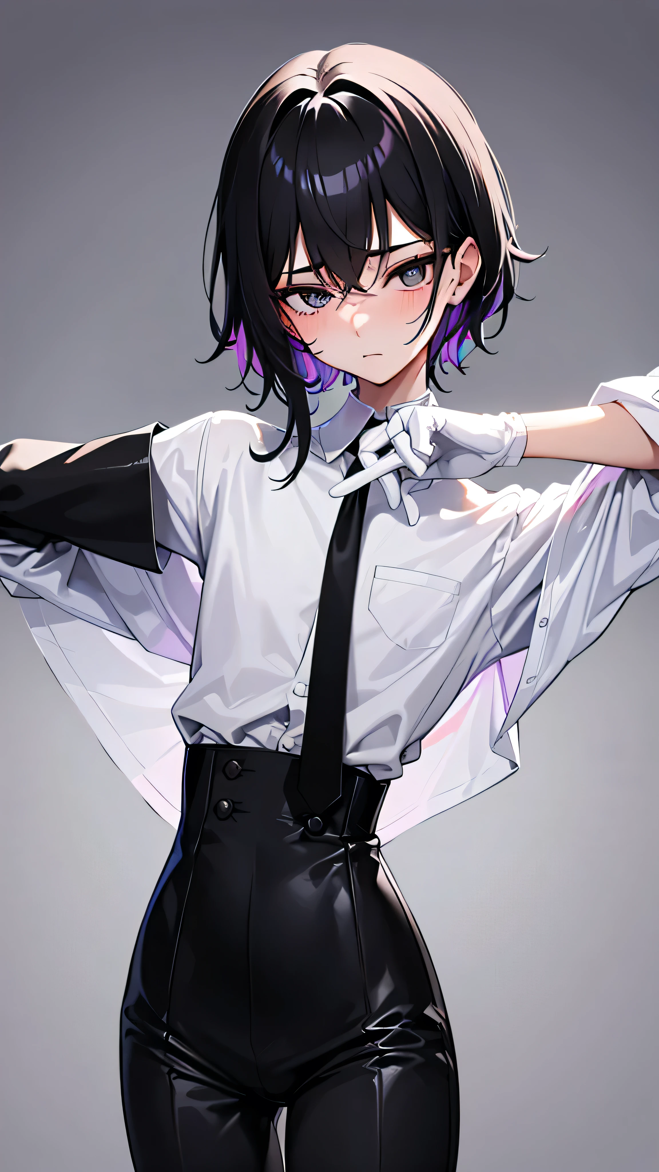 16-year-old boy,so cute,Wear a white shirt and a black work tie,Wear black pants,Wear black boots,Wear white gloves,Black eyes,Black hair,Being sexually assaulted,blush,Very colorful,Very thin legs,Very thin waist,Close-up photo