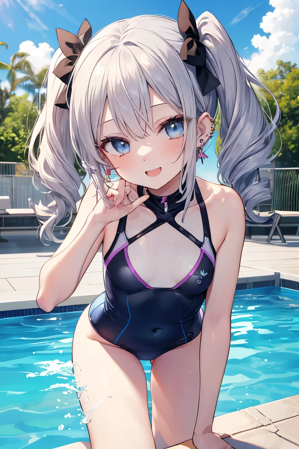 Silver-haired blue eyes、 girl、Small breasts、Twin tails、Laughter、Nico Nico Smile、Wink、 girl、Looks about 、Petan Musume、short、There are highlights on the eyes、Coming to the pool、Wear a cute swimsuit、Sliding down the slider、Gal-like appearance、Wearing piercings