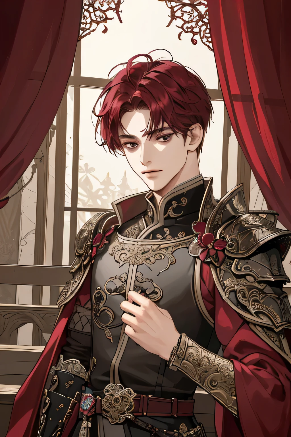 (extreamly delicate and beautiful:1.2), 8K,(masterpiece:1.0),(best_quality:1.0), 1 Boy, and intricate detailing, Enlarged textures, and intricate detailing, finely eye and detailed face, and intricate detailing, shiraga, maroon red short Curtain two block hair, (closed mouths), Perfect eyes, Equal eyes, black eyes (A Male god) sword master with body armor
Look at camera