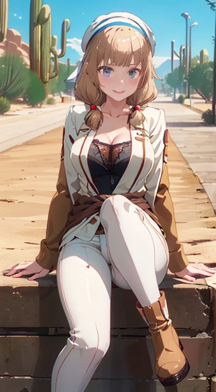 ((in a desert:1.5)), a matured woman with long hair and a white outfit, (resting in oasis:1.2), artwork in the style of guweiz, bodyesbian, fine details. girls frontline, beautiful anime illustration, from girls frontline, stunning, 21 years old, (solo:1.5), (sfw:1.25), beautiful breast, medium breasts, Amazing Cleavage, thin waist, big ass, Raised sexy, (dark mahogany medium long hair, updo, hair over one eye, asymmetric hair, Carly hair, low tied),(Headscarfs, hair bands, head vandage, Turban), (ultra high resolution, 8K RAW photo, photo realistics, weak outline:1.3, clear focus), best qualtiy, natural lighting, field depth, (Bright pupils, detailed beautiful eyes, high detailed face), Red lip, looking at viewers, (tight focus:1.2, from below), sexy posing, seductive weak smiling, center image, (wearing white long jacket and clothes, wearing short pants, gold ornaments, white clothes rolling around waist, camel-brown long leather boots, translucent lace pantyhose), ((correct anatomy:1.5)), ((outdoor:1.2)),
