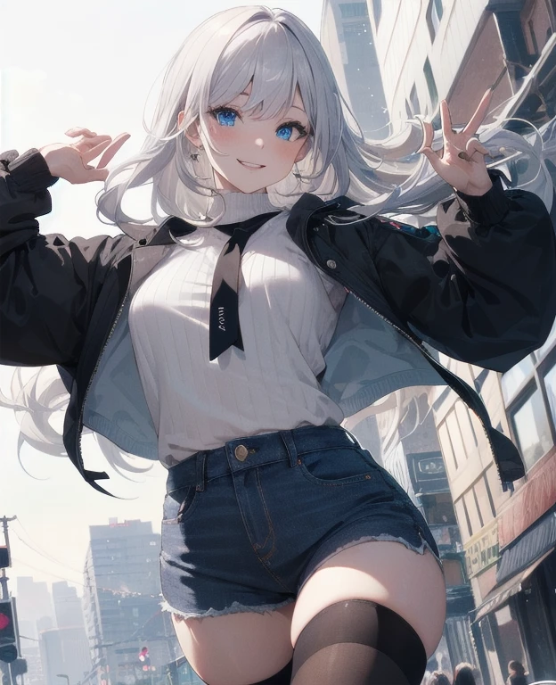 (Masterpiece, Best quality, ultra high resolution), 1 girl, Silver hair, Pale skin, Beautiful detailed face, Detailed eyes, posing on a, On a white background, Dynamic lighting, dynamic shadowing, looking at viewer, White stone punk fashion,(Posing for a photo),((White clothes)), (((black thigh highs))), jean shorts, skirt, white sweater, ((Blue eyes)), happy, smiling, black straps, black strap design, ((Long white hair)), energetic, cheerful, cityscape background, dynamic pose