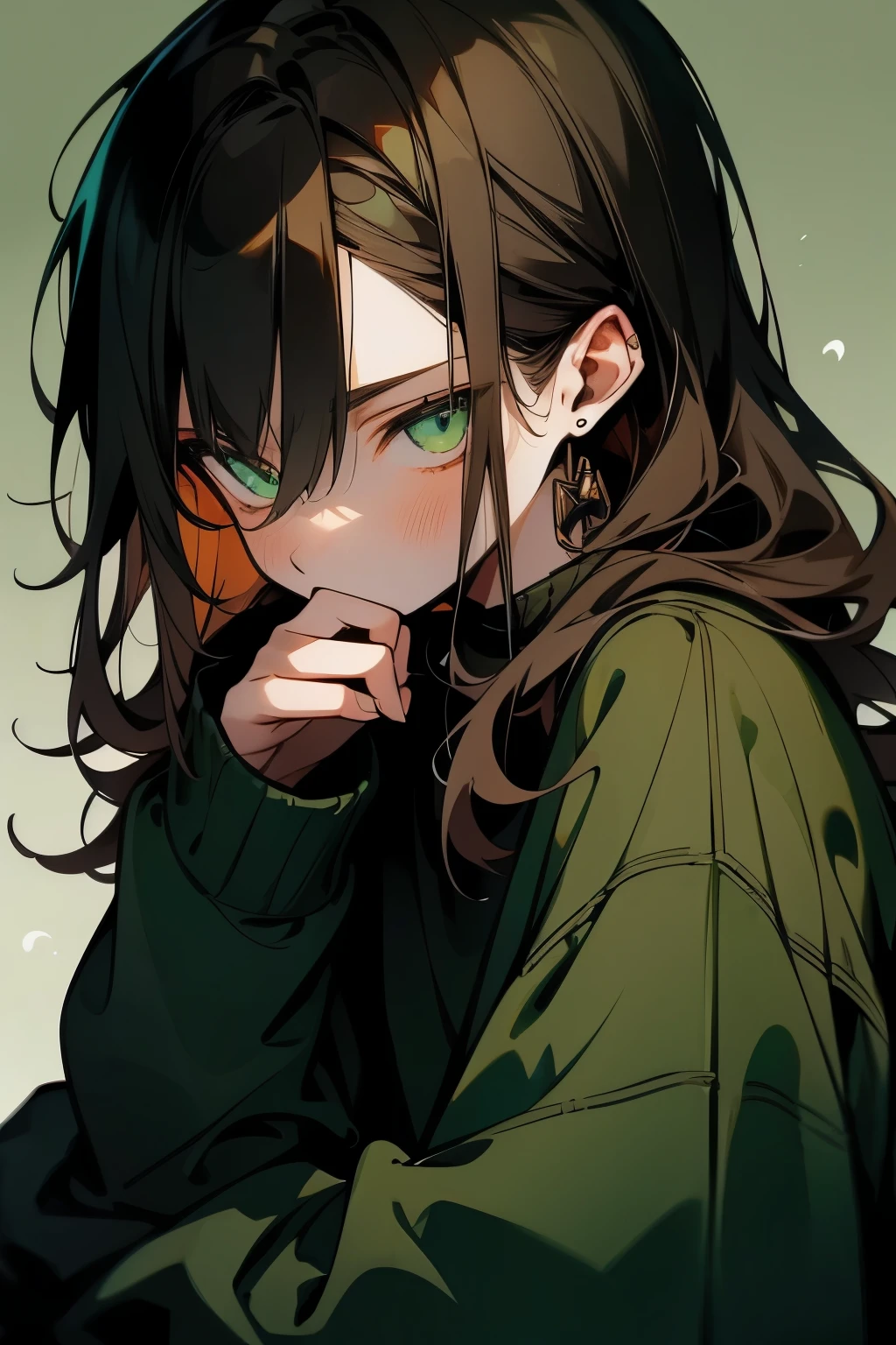male,youth。Brown hair,Straight Hair,Slightly curled ends,Shoulder length。Tall nose bridge。Dark green eyes。people。Grey sweatshirt。Contemplative