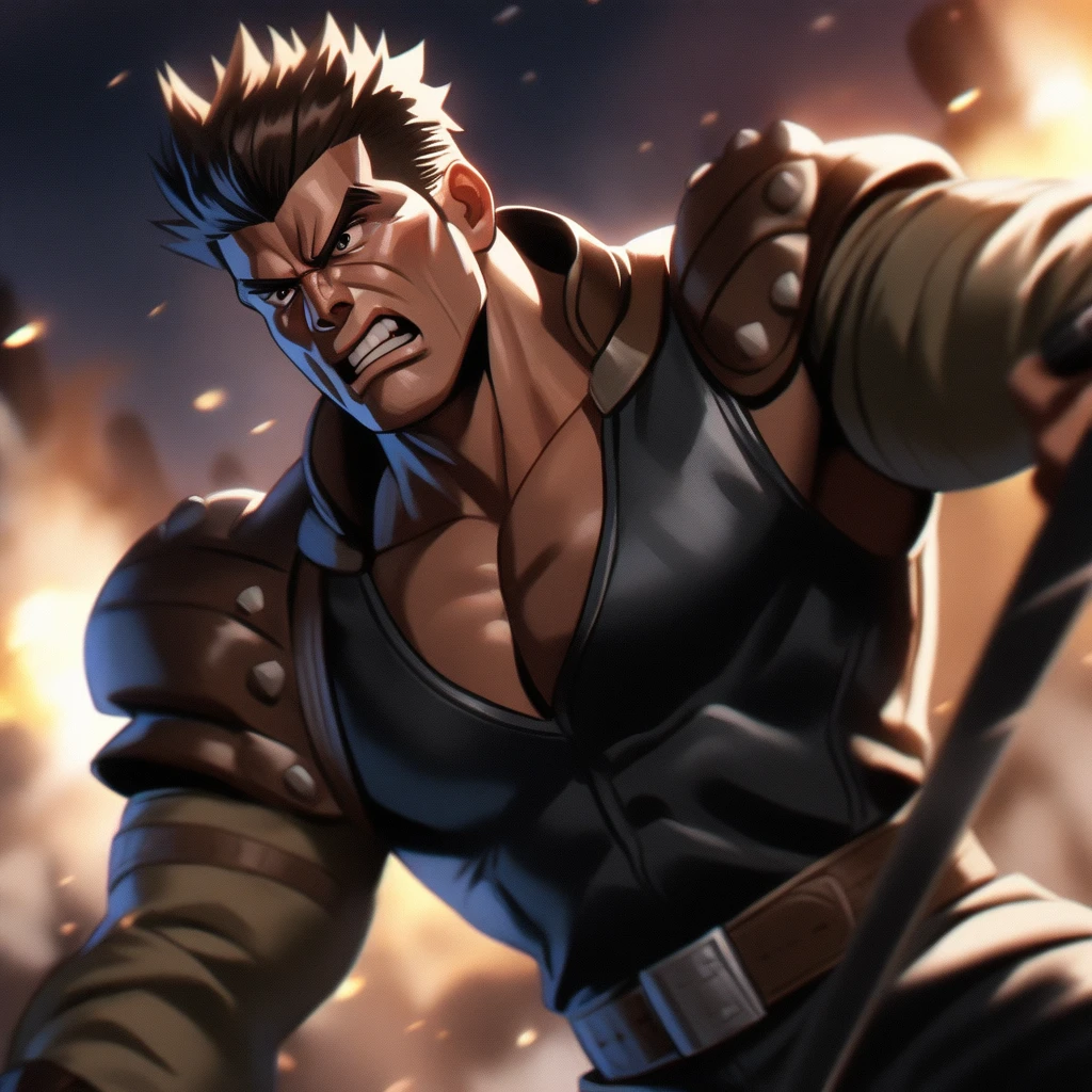 1guy, middle musclar, handsome mercenary, holding two-handed sword, leather, dramatic expression, spiked hair, short bangs, upper legs, masculine, fantasy battle, dutch angle, [wideshot, solo focus], [[[cinematic lighting, cinematic shadow]]], brown eyes, 1990s, VHS Quality