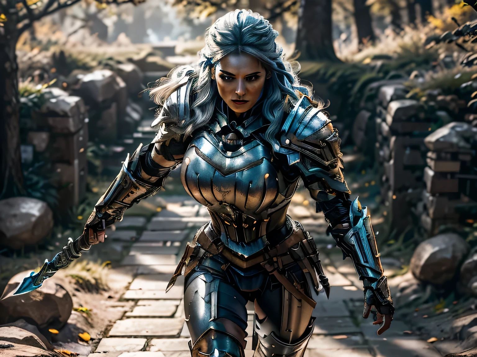 8K,asgard female warrior with very big breasts,Super beautiful(like the real thing),black very large chest armor,realistic skin,luxury black pants,Has a large, long black spear,sexy,muscular slim body,ripped abs,black shoulder armor,black waist armor,black leg armor,desert, rich colors, Backlight, cinematic lighting, film grain, RAW, 50mm lens,nikon　D850,ultra high resolution,Super realistic,goddess,battle scene,action scene,action pose,shine a light on the face, long wavy blue hair, the Witcher, the Witcher armor, yennefer, running in the forest 