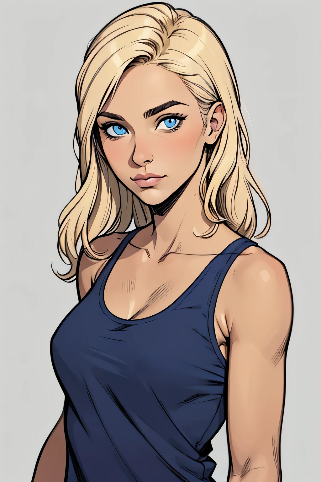 
Flat colors,close-up, portrait,  of a 25 year old surfer looking girl, tan skin, ([blue eyes]) Beach blonde salty hair, natural beaty, beautiful, casual, blue tank top, masterpiece, (([Simple grey background]))

