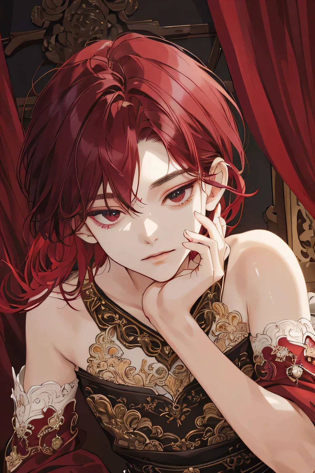 (extreamly delicate and beautiful:1.2), 8K,(masterpiece:1.0),(best_quality:1.0), 1 Boy, and intricate detailing, Enlarged textures, and intricate detailing, finely eye and detailed face, and intricate detailing, shiraga, maroon red short Curtain two block hair, (closed mouths), Perfect eyes, Equal eyes, black eyes (A Male god) 
Look at camera