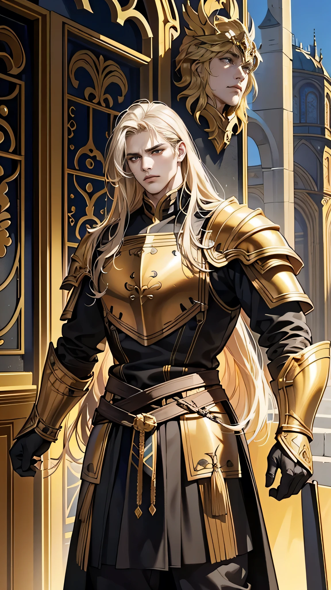 Young man, Eyes looking to camera, Perfect male body, epic character, (handsome, Tall and strong, elegant,long gold hair,Frown, black and gold heavy armor,stand in medieval town),dramatic shadow, Ray Tracing,(masterpiece, high resolution, perfect black eyes, fullshot angle, ultra - detailed:1.0)