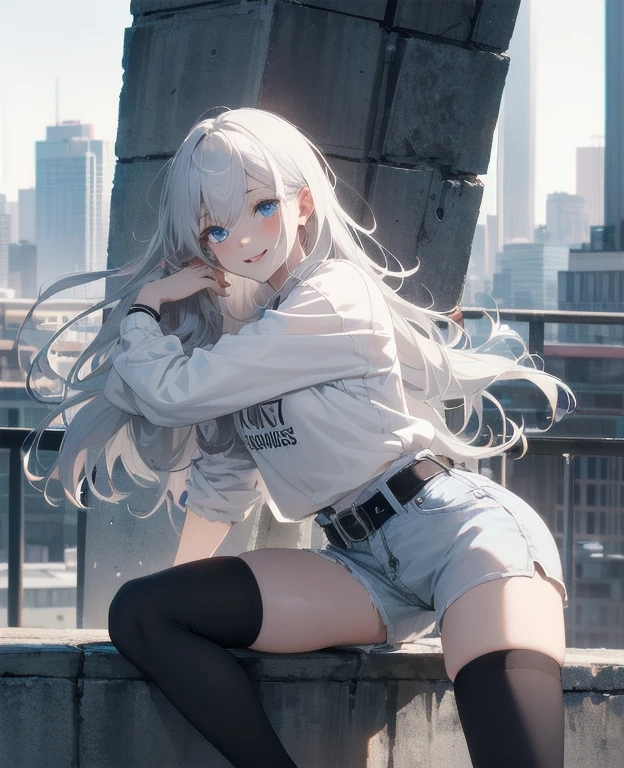 (Masterpiece, Best quality, ultra high resolution), 1 girl, Silver hair, Pale skin, Beautiful detailed face, Detailed eyes, posing on a, On a white background, Dynamic lighting, dynamic shadowing, looking at viewer, White stone punk fashion,(Posing for a photo),((White clothes)), (((black thigh highs))), jean shorts, skirt, white sweater, ((Blue eyes)), happy, smiling, black straps, black strap design, ((Long white hair)), energetic, cheerful, cityscape background, holding coffee