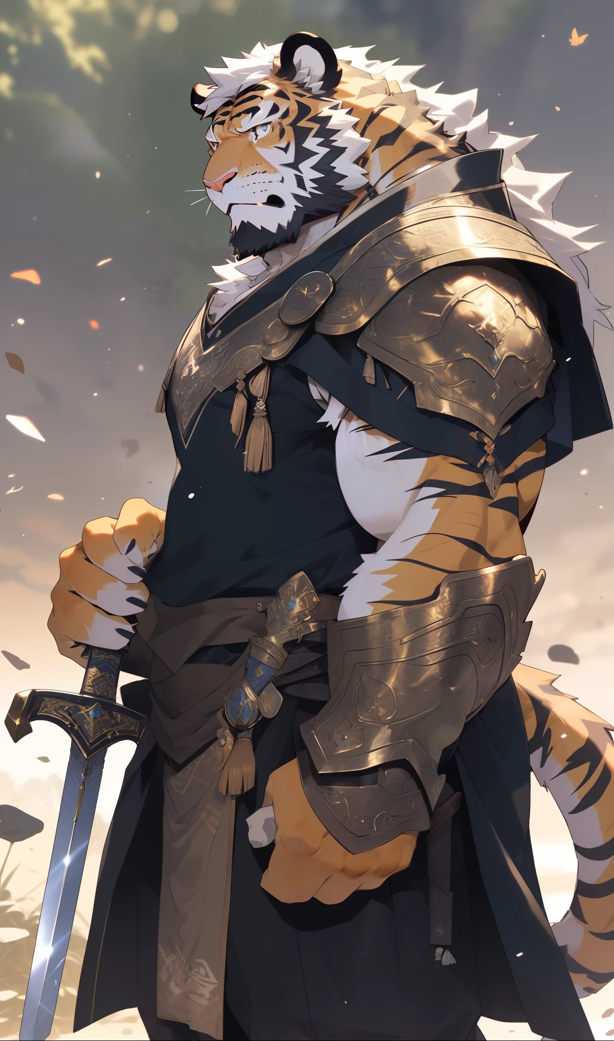 hairy，（tiger，armor：1.3，Holding a long sword：1.3）beard，Golden fur，(holding a sword：1.3），warrior，male，Common，holding a sword，in game，Side view，Real background，极其lifelike阴影，masterpiece，Very detailed，lifelike。