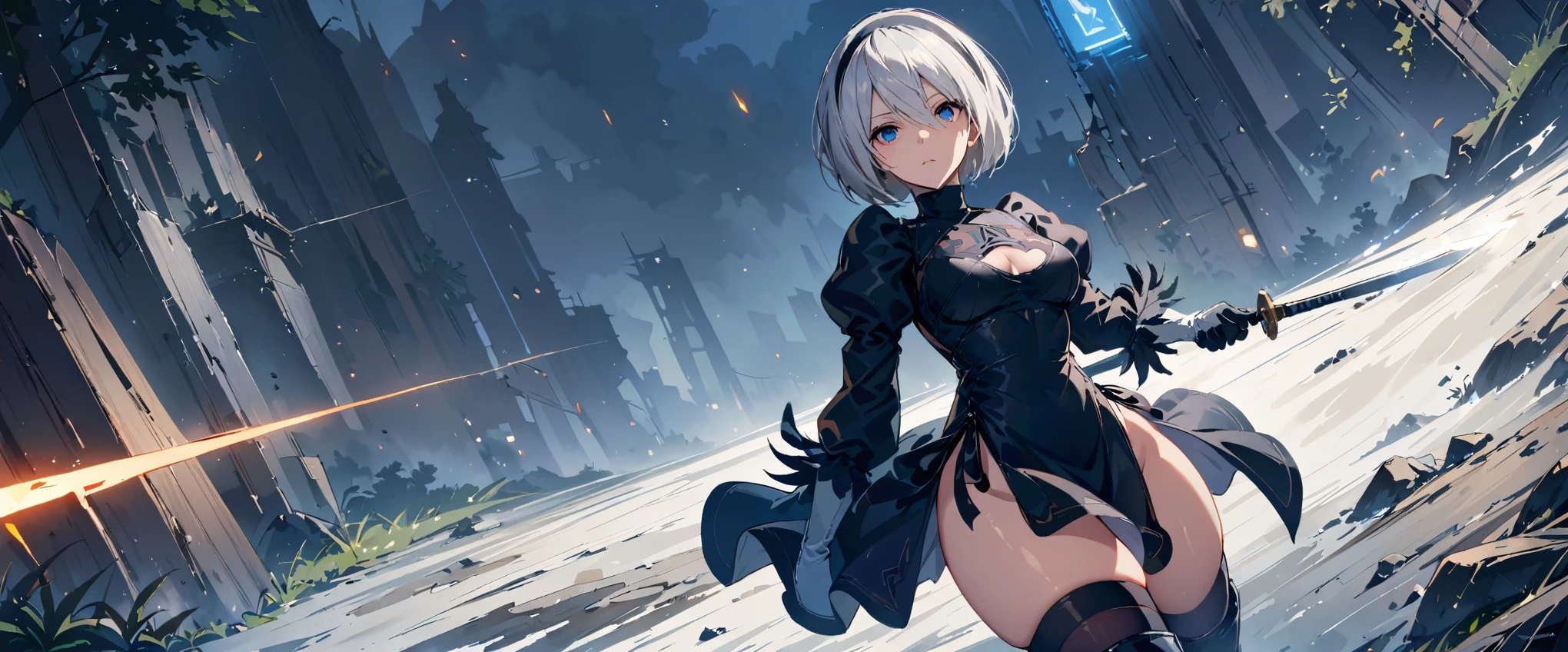 (masterpiece), One girl, alone, Perfect sexy female body 2B, (エナメルKnee-high boots), Thighs, Tree Eyes, Expressionless,Slit eyes, BREAK Ruins, Intense blue eyes:1.8 BREAK, (2B), Black Dress, Knee-high boots, white hair, short hair, Slim body, adventure, break, highest quality, masterpiece, Costumes crafted down to the last detail, Detailed drawing, 4k, Character 2B, Grown-up face, Cold look, cinematic angle, Action Scenes, Holding a sword in each hand, battle, Avoid bullets, Sense of presence, twin sword, kill, Thick Fog, Dark atmosphere, cyber punk, Two-Way, Black headband, Two-Way