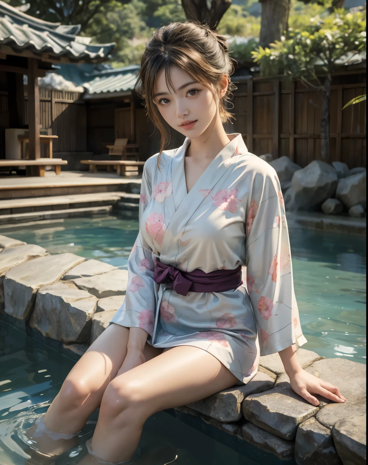 masterpiece, highest quality, realistic, 1 girl, Open-air hot spring, Yukata figure, I&#39;I&#39;I&#39;I&#39;m wet and my yukata is transparent, Wear a yukata and enter a hot spring, Yukata soaked wet, Woman wearing yukata, beautiful long hair, big ass, , Realistic beautiful legs, It&#39;I have big breasts, sit with legs wide apart, barefoot, nipple protrusion, My whole body was covered in bubbles., trained body, abs, professional lighting, glowing skin, Full body photo including legs