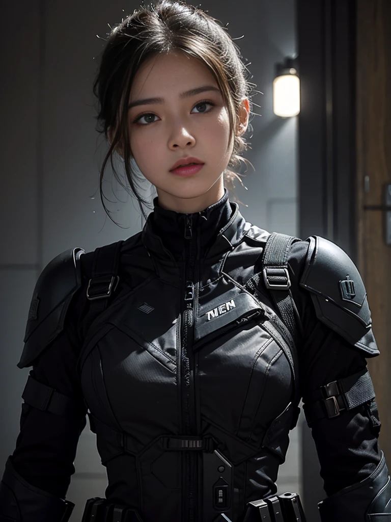 A female soldier wearing a black powered suit looking up