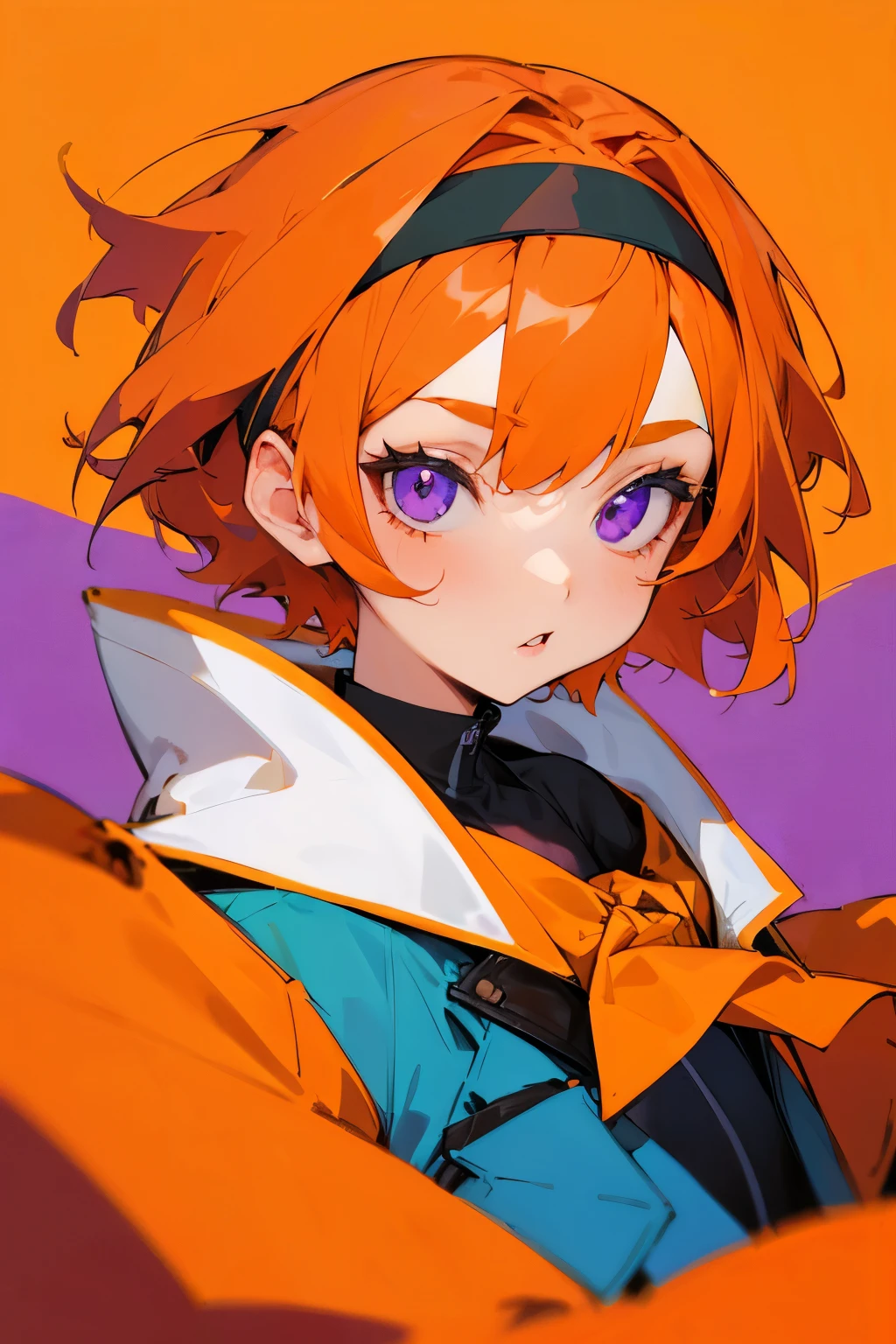 Girl, short orange hair, violet eyes, headband, coat