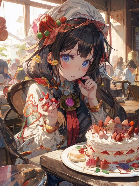 anime girl with a hat and strawberries on her head sitting at a table, kawacy, anime visual of a cute girl, cute anime girl, eating cakes, young anime girl, guweiz, high quality anime artstyle, anime girl, artwork in the style of guweiz, beautiful anime girl, pretty anime girl, (anime girl), official artwork