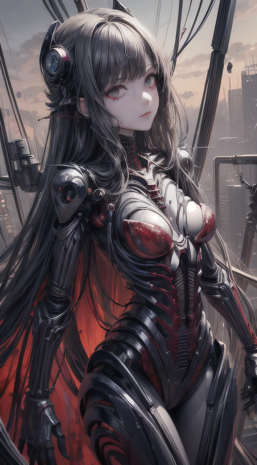 (((Masterpiece))), ((Best Quality)), (Super Detail), (CG Illustration), (Very Evil and Beautiful)), Cinematic Light, ((1 Mechanical Girl)), Single, (Mechanical Art: 1.4), ((Mechanical limb)), (Blood vessel attached to a tube), ((Mechanical spine attached to the back)), ((Mechanical cervical vertebrae attached to the neck), (Back to the viewer)), expressionless, ( Wires and cables attached to the head and body: 1.5), Science Fiction, Apocalypse, Ruins, (Lower Body Integrated with Mechanical Devices), (Blood: 1.5), Cruelty, Absurdity, Eroticism, Fusion with Machines, Doomsday Time, Super Future, Inorganic, Laboratory, Restraint, (Beautiful Indulgence: 1.2), (1 Girl: 1.3), Body Wrapped Around Mechanical Tentacles
