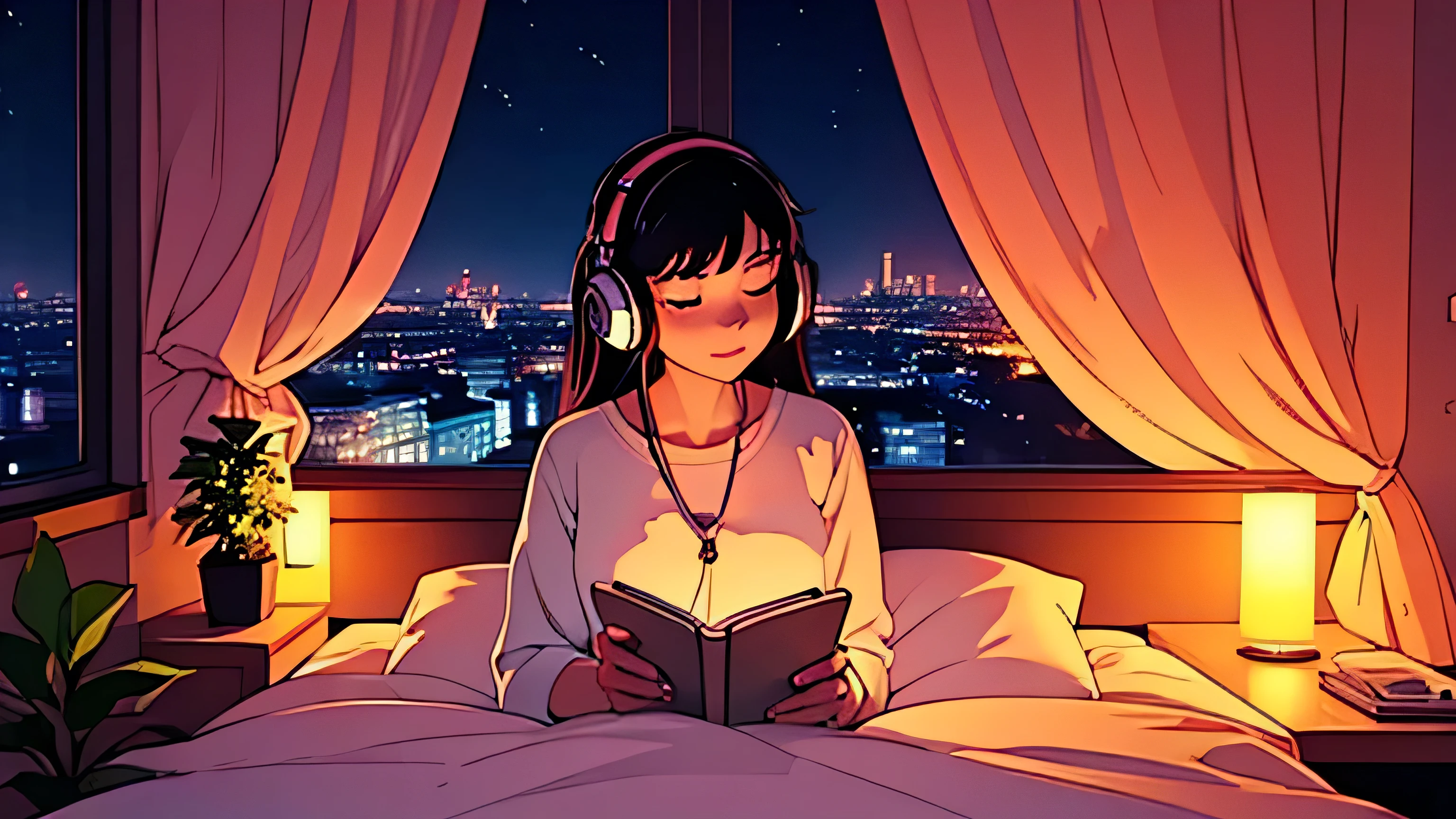 City night I am relaxing on my bed at very modern room.  a girl listening to music with headphones, the night view from the big window is very beautiful with beautiful candles in her background. there are plants in the background. Lo-fi 