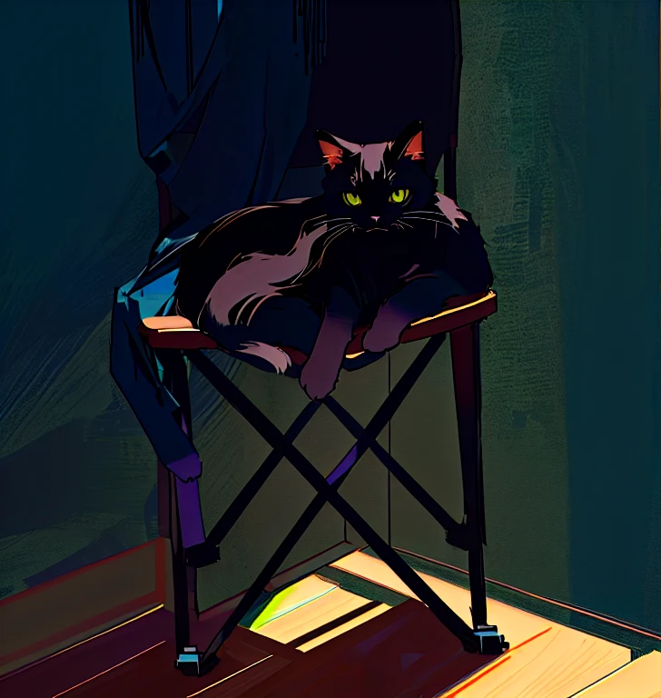 there is a black Cat sit on the chair with a black cover, a Cat sitting in a chair, Cat. number, the dark god of Cats, by Relia Penesic, by Ni Yuanlu, by Wen Zhenheng, sit on the chair, by Yao Tingmei, sit on the chair, demon Cat, Ingrida Kadaka