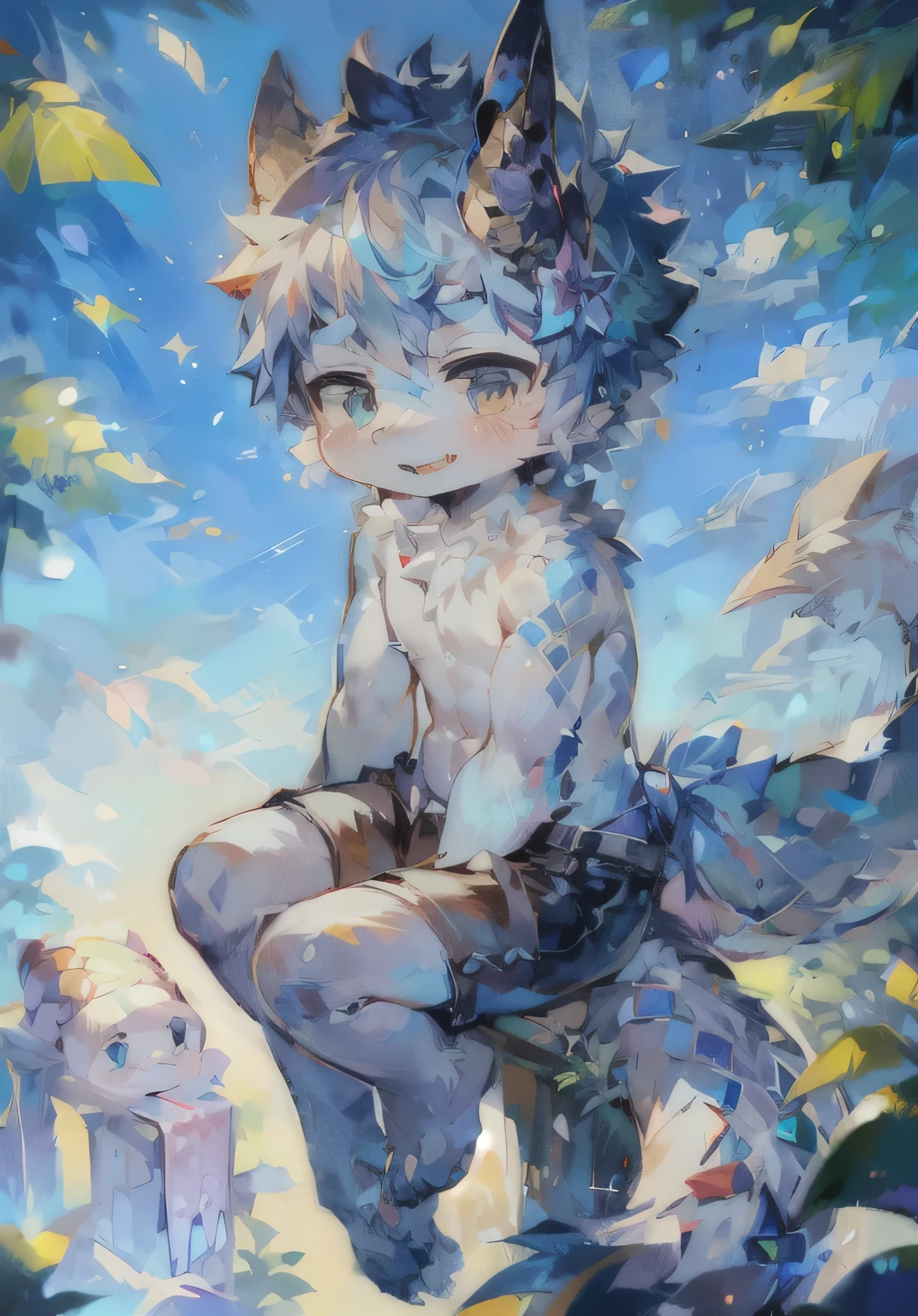 Anthropomorphic male hairy dragon,Light blue hair,Dragon Horn,Q version,(Toddler,), cute, Sitting, Masterpiece, high resolution,8k,high quality,(((solo))),(barefoot:0.6),Like a dream,magic,(Warm light source:1.2),Sitting in a tree,Happy expression,Topless,shorts,Pink meat pads,Simple pattern on the arms,Arms open