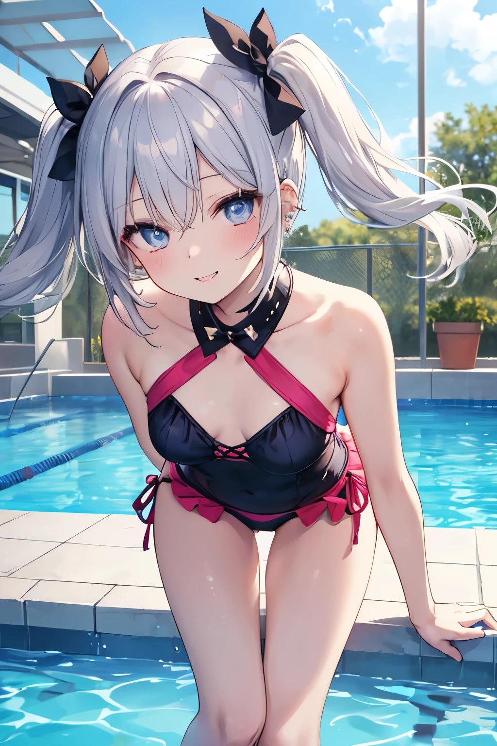 Silver-haired blue eyes、 girl、Small breasts、Twin tails、Laughter、Nico Nico Smile、Wink、 girl、Looks about 15 years old、Petan Musume、short、There are highlights on the eyes、Coming to the pool、Wear a cute swimsuit、Sliding down the slider、Gal-like appearance、Wearing piercings、She bends forward and seduces me.、My chest is visible