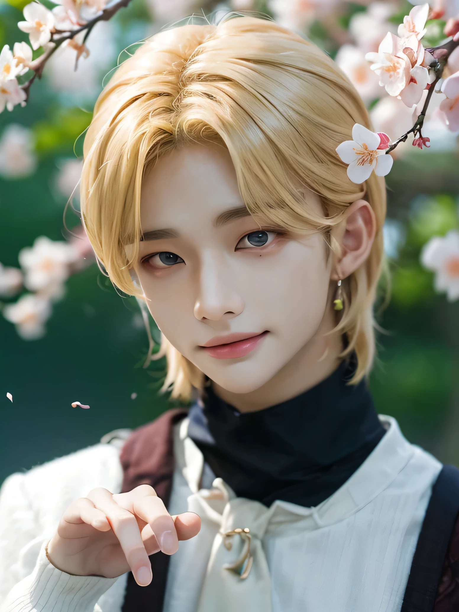 (realistic, masterpiece, 8K HD, lighting quality, portrait, full body, intricate details), handsome man, Korean youth, 20 years old, cute, happy, bright smile, detailed face, green eyes, blond hair, back hair, bangs, outdoors, cherry blossoms in full bloom, dreamy world surrealism, mysterious panoramic view. Lots of petals dancing.