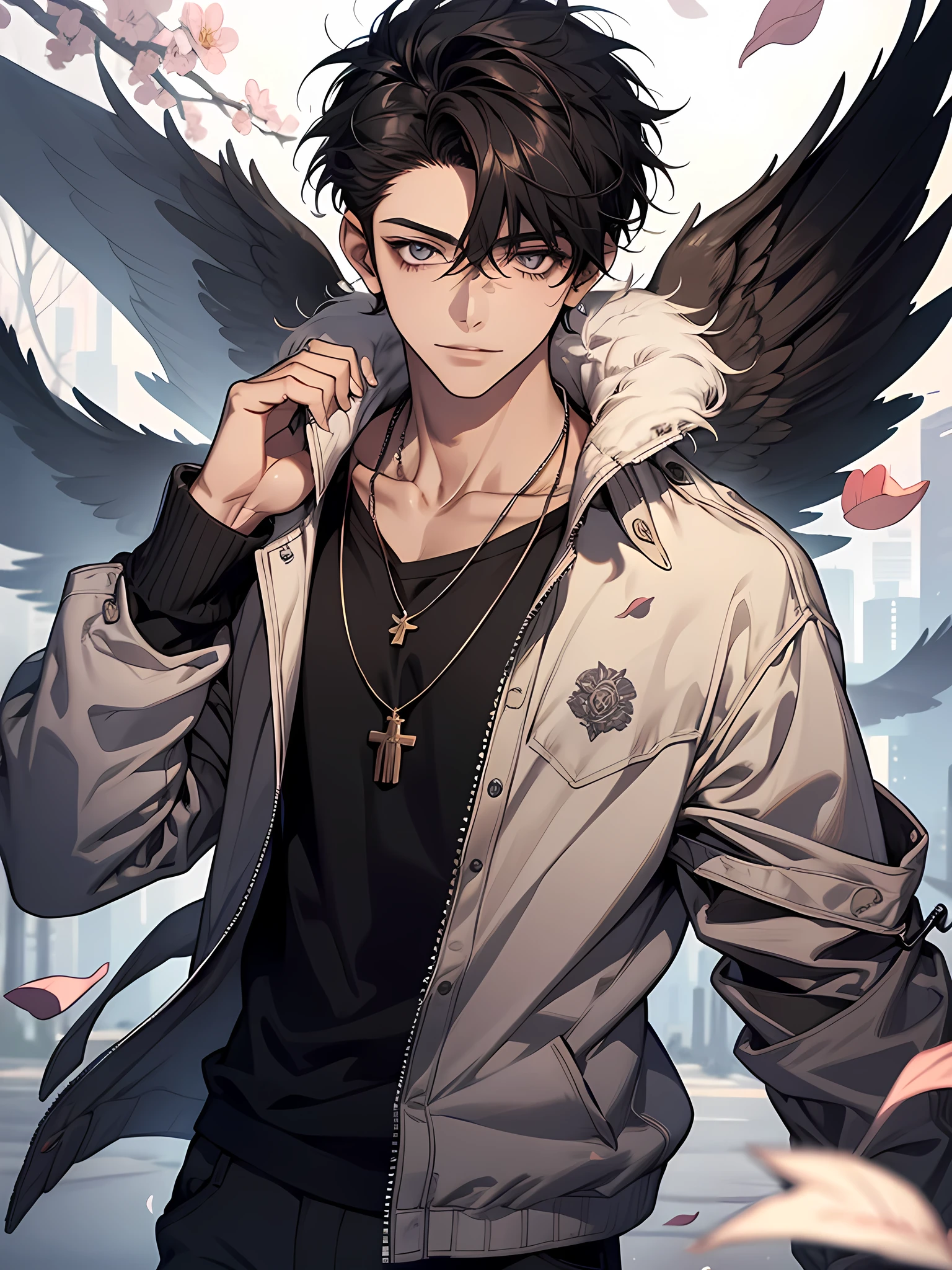 one teenage male boy, leaning against tree, looking at viewer, detailed eyes, black hair, short scruffy hair, slight smile, flower petals, wearing loose jacket, long earing, necklace, slight breeze, has a wings,