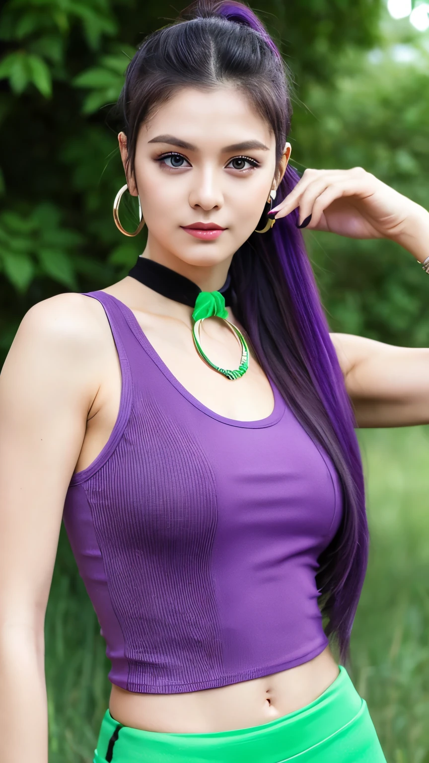 martina,purple eyes, purple hair, very long hair, ponytail, hair scrunchie, green choker, o-ring top, tank top, sleeveless, waist cape, black shorts, green belt, boots,fcPortrait