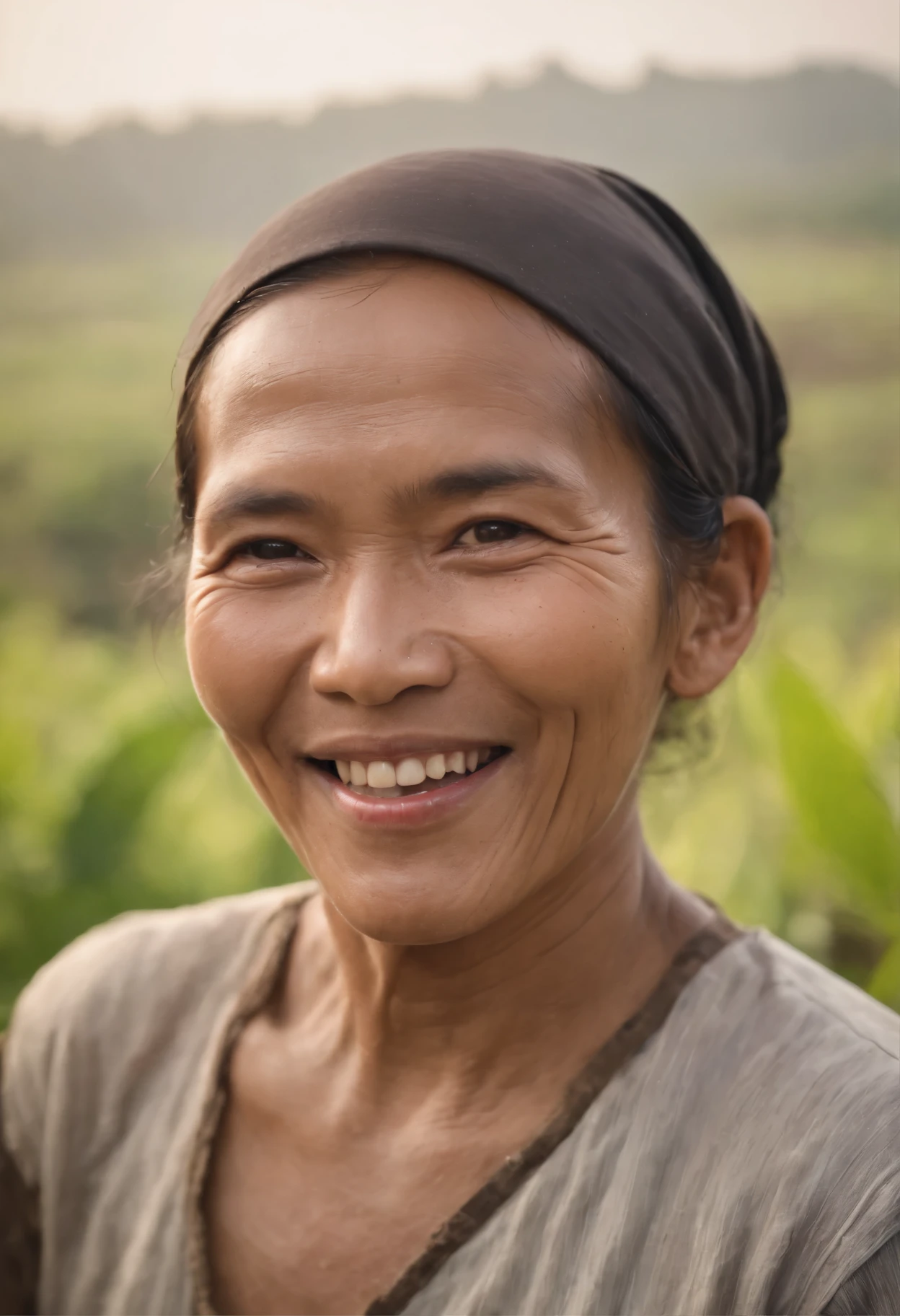 an Indonesian woman,tangled hair,slightly fat body,torn clothes,short t-shirt and skirt,sitting in a banana plantation on the edge of the village,An expression of exhaustion,satisfied smile