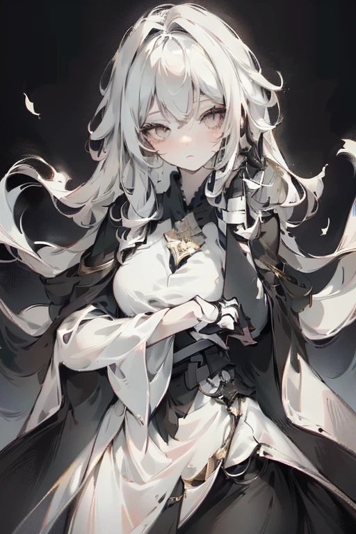 masterpiece, best quality, portrait of 1girl, adult woman, black background with a gray gradient from below, long white hair, clothes are a black narrow dress with gold elements, white light is falling from above, she holds her hands behind her head, looks straight at the camera
