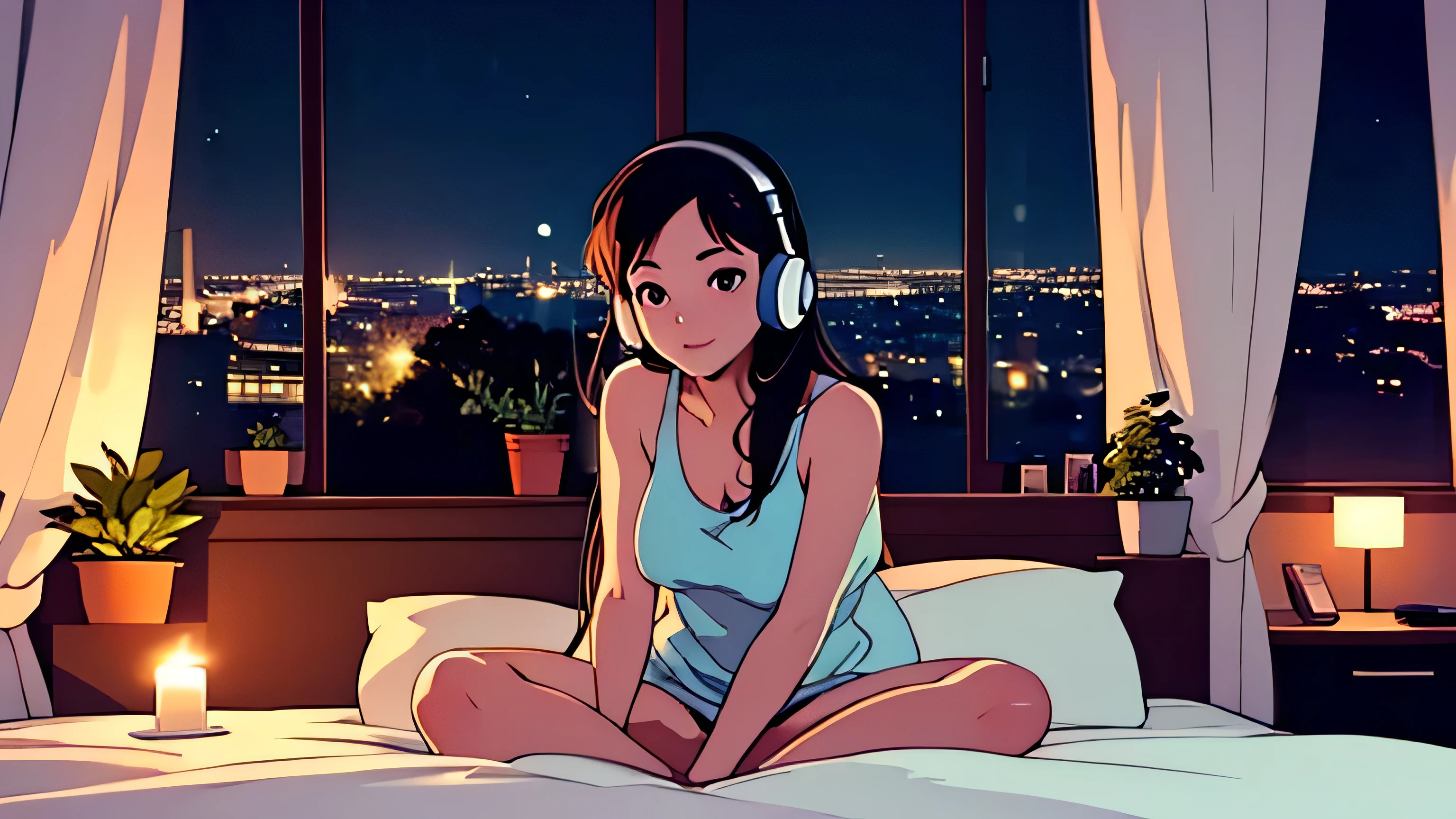 City night I am relaxing on my bed at very modern room.  a girl listening to music with headphones, the night view from the big window is very beautiful with beautiful candles in her background. there are plants in the background. Lo-fi 