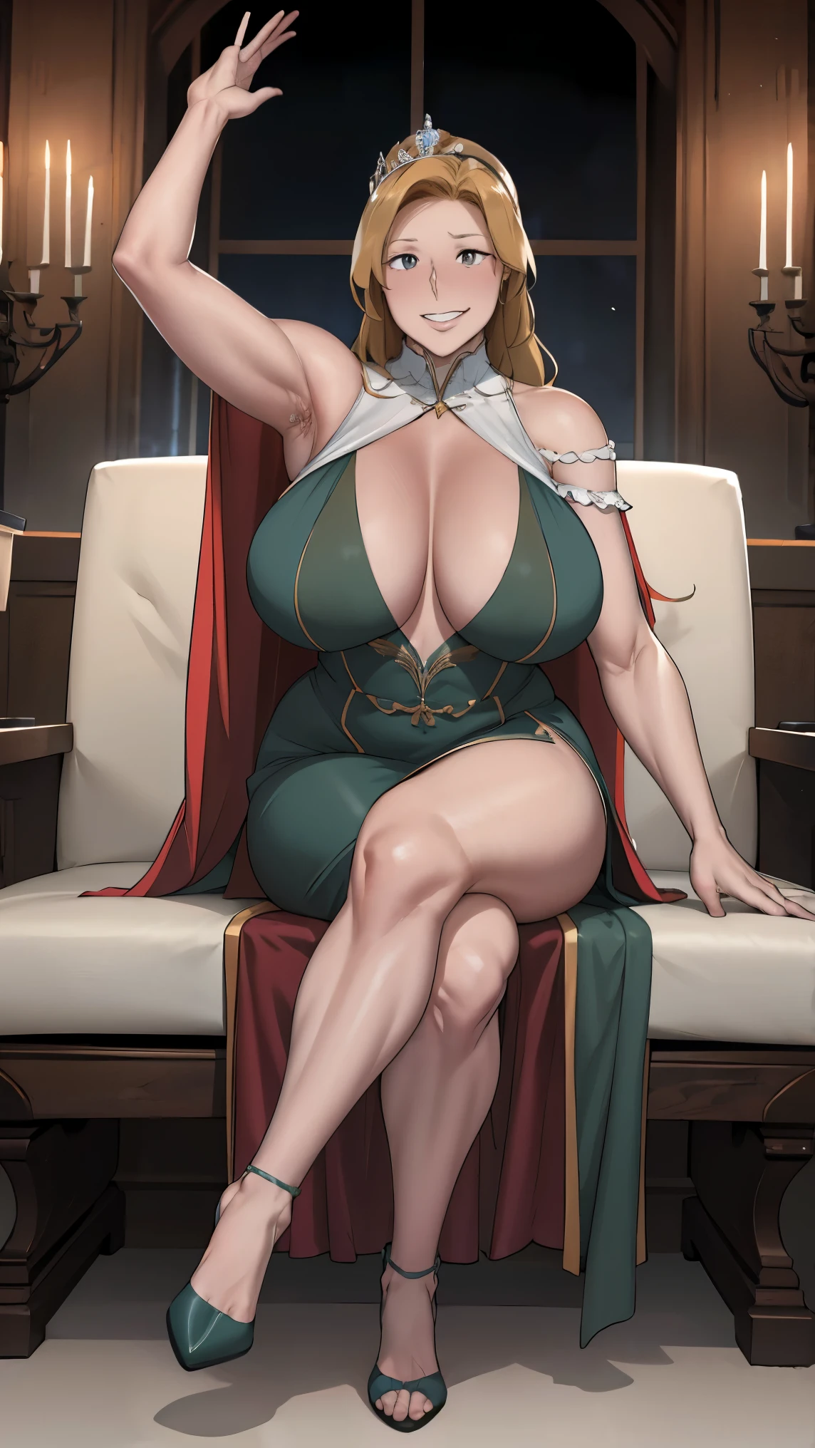queenly green dress with very extremely generous cutout, motherly-milf, soft mature expression, dirty-blonde middle-long hair, queenly tiara, sexy sweaty glistening armpits:1.2, stilletto queenly high-heels, ((midnight)), (at isekai-fantasy castle hall at midnight), feisty woman, anime cels style, best quality, high resolution, 1girl, inspired by ntrman's work: queen who adopted a goblin, sweating, (bountiful very generous breasts), swaying breasts:1.1, fleshy build, big thick arms, beautiful face, middle-long luscious brunnette-beige hair:1.1, half-lidded eyes, light-colored pupils, very thin motherly smile, [motherly face], Beautiful long legs, Beautiful body, extremely fertile motherly's body-shape, Beautiful Nose, Beautiful character design, bangs, purple eyes, ((bushy pubic hair:1.25)), sitting on the queen's throne - legs apart:1.35, (my arm is swaying hair enticingly:1.1), (looking at viewer), cowboy shot, front-view full body photo:1.1, -auto