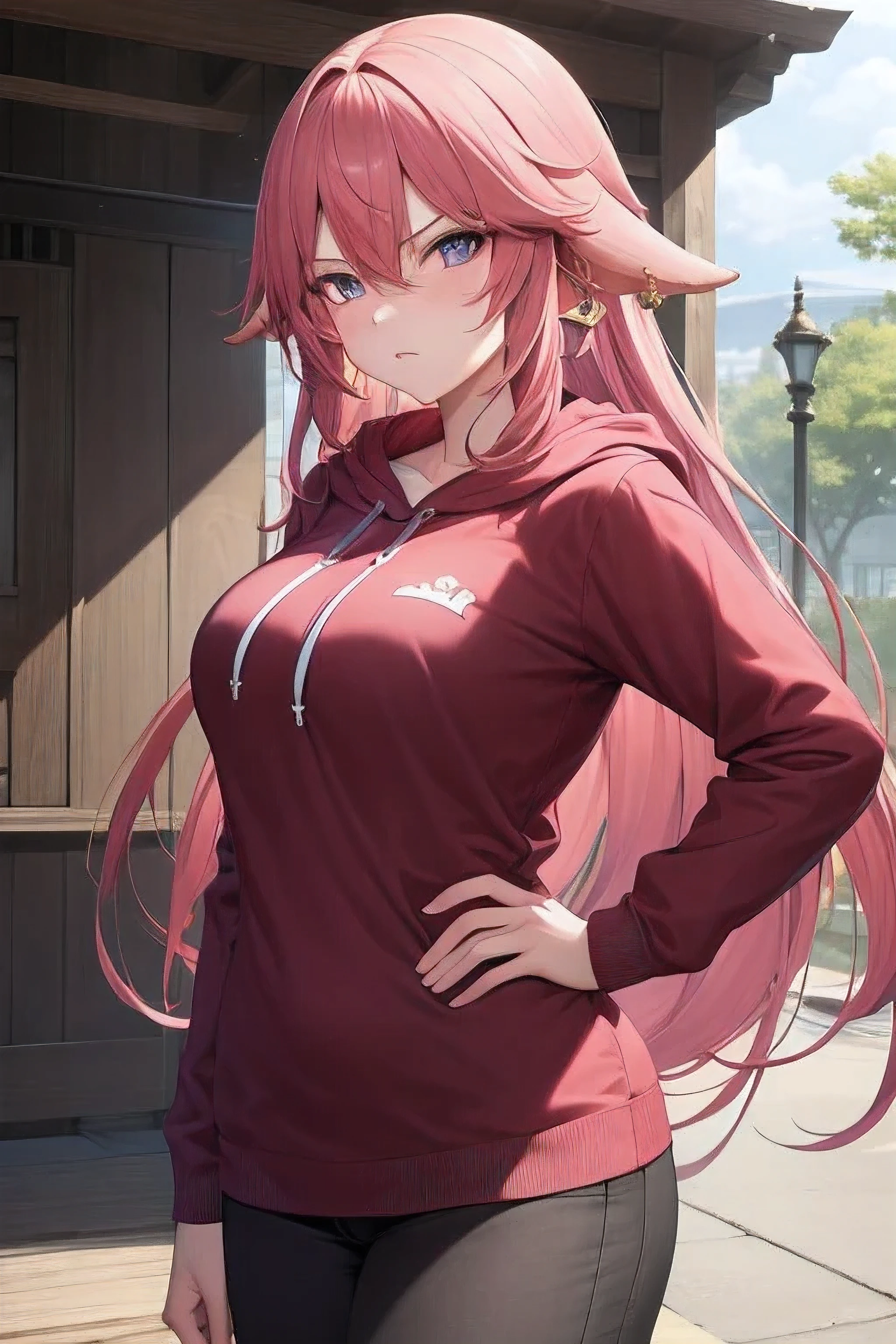 yaemiko, yae miko, floppy ears, hair between eyes, long hair, pink hair, (purple eyes:1.1), pink hair,
BREAK purple hoodie,layered sleeves, brown pants,
BREAK looking at viewer,hand on hip, angry, pov,
BREAK outdoors, shrine
BREAK (masterpiece:1.2), best quality, high resolution, unity 8k wallpaper, (illustration:0.8), (beautiful detailed eyes:1.6), extremely detailed face, perfect lighting, extremely detailed CG, (perfect hands, perfect anatomy),