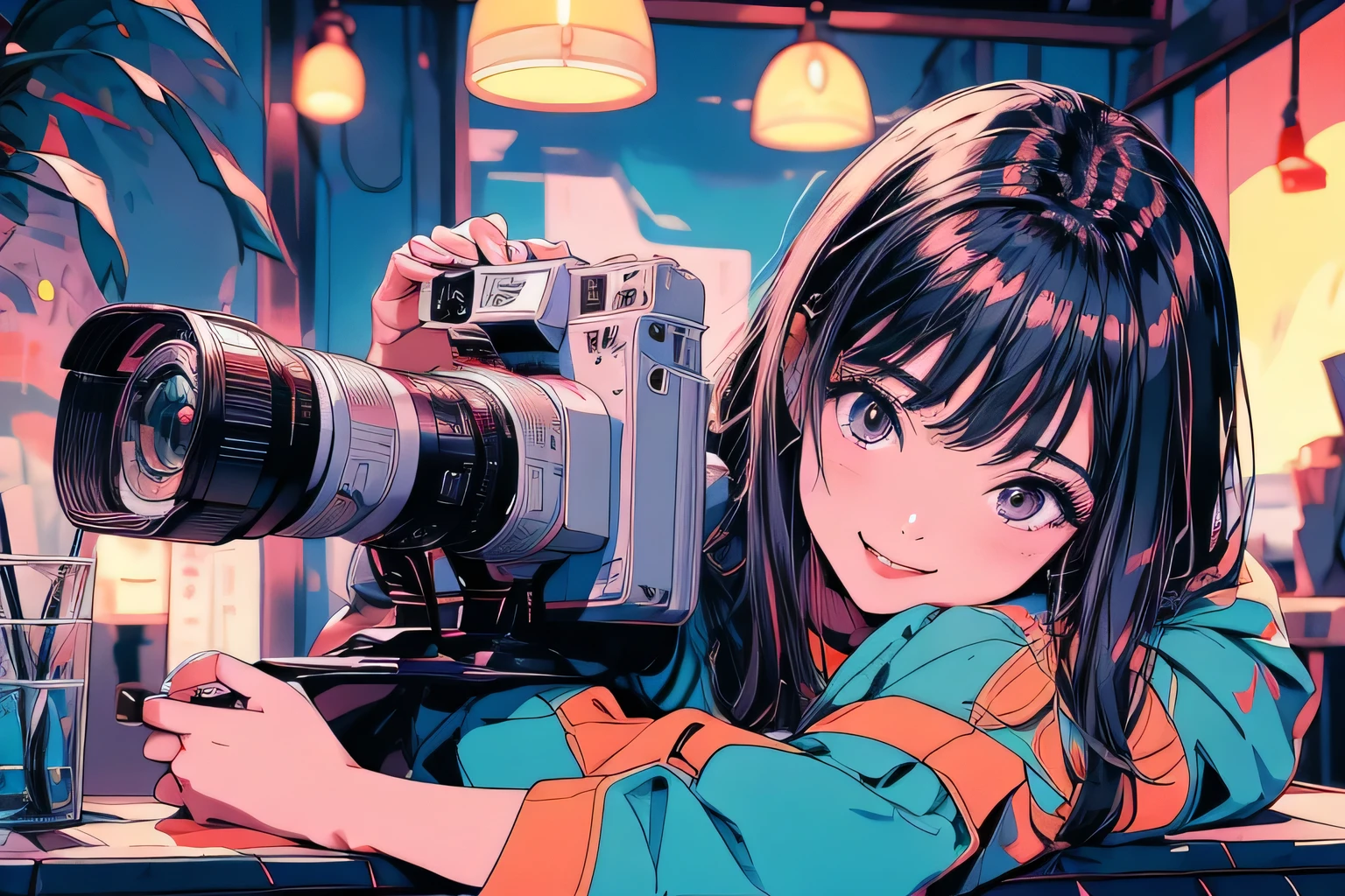 Japanese girl with camera, 2020s, pretty face, smile, shot with Sony a7R IV, --aspect 3:2