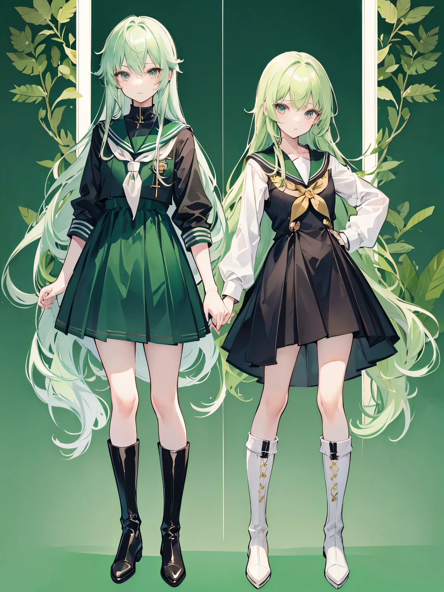 light green hair, black eyes, ((sailor dress)), ((Long boots)), ((full body)), ((crossdressing)), ((a boy with long hair)), kriegsmarine