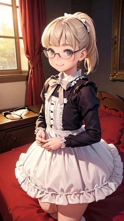 ((masterpiece)),((highest quality)),((Anatomical)),((Realistic)),((Detailed Description)),((cute)),((((bedroom)))),(((One ))),((Beautiful eyes)),(((ponytail))),((Baby Face)),((Petite)),((Bewitching Smile)),(((Lolita Dre),(((Glasses))),Full body view,