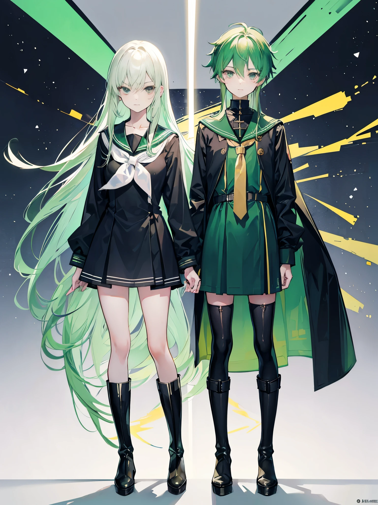 light green hair, black eyes, ((sailor dress)), ((Long boots)), ((full body)), ((crossdressing)), ((a boy)), long hair, kriegsmarine