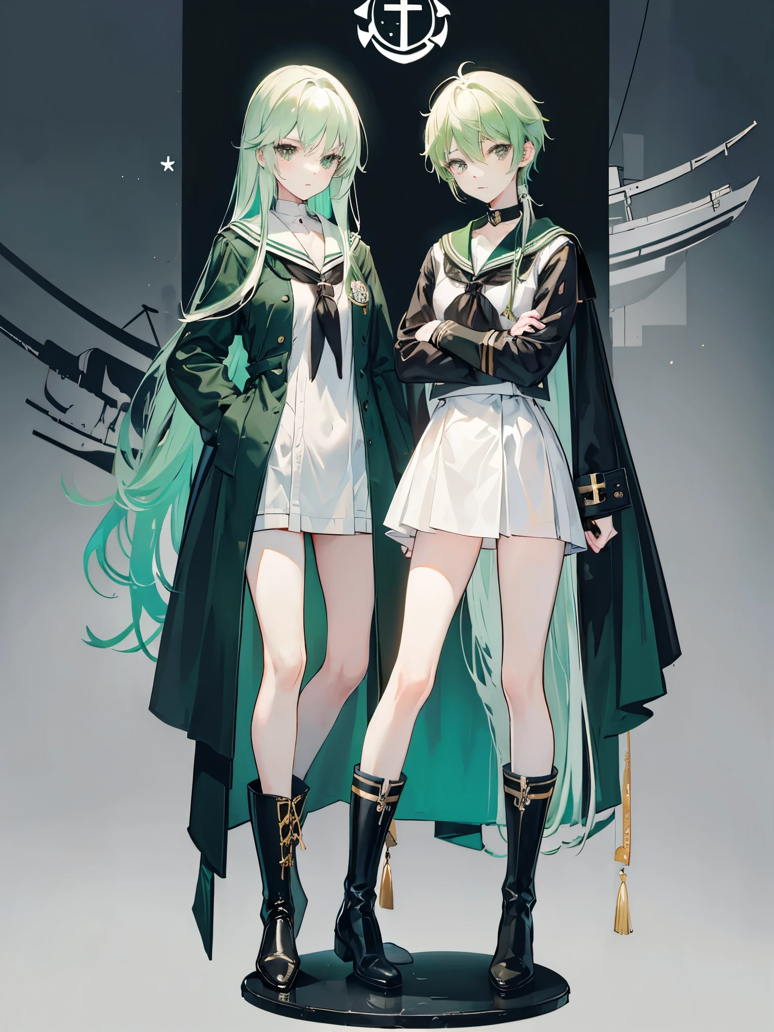 light green hair, black eyes, ((sailor dress)), ((Long boots)), ((full body)), ((crossdressing)), ((a boy)), long hair, kriegsmarine