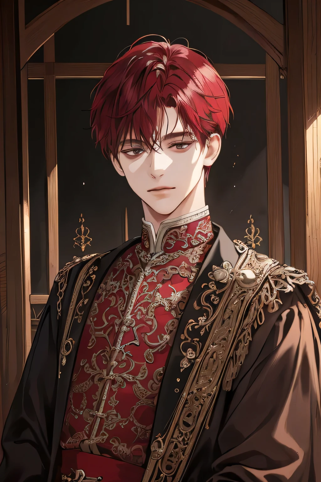 (extreamly delicate and beautiful:1.2), 8K,(masterpiece:1.0),(best_quality:1.0), 1 Boy, and intricate detailing, Enlarged textures, and intricate detailing, finely eye and detailed face, and intricate detailing, shiraga, maroon red short Curtain two block hair, (closed mouths), Perfect eyes, Equal eyes, black eyes (A Male god) with jacket
Look at camera