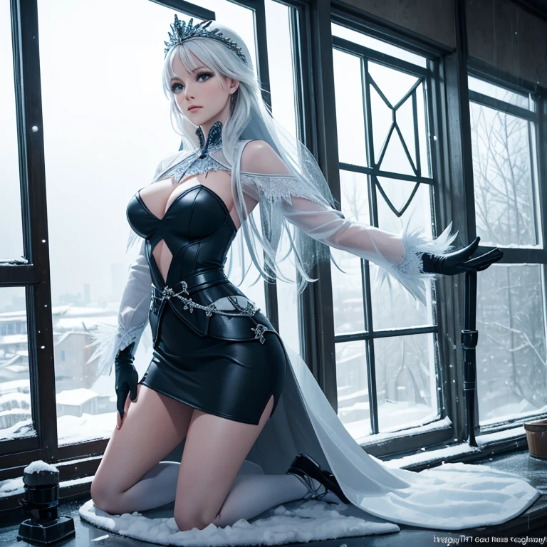 Realistic photography, high quality, The Snow Queen kneeling under the table in a modern office, she is wearing a short skirt and a tight top, thin waist, detailed face, Bright day, thin hips, (acid rain outside a huge window: 1.1), strong wind, magic light, danger
