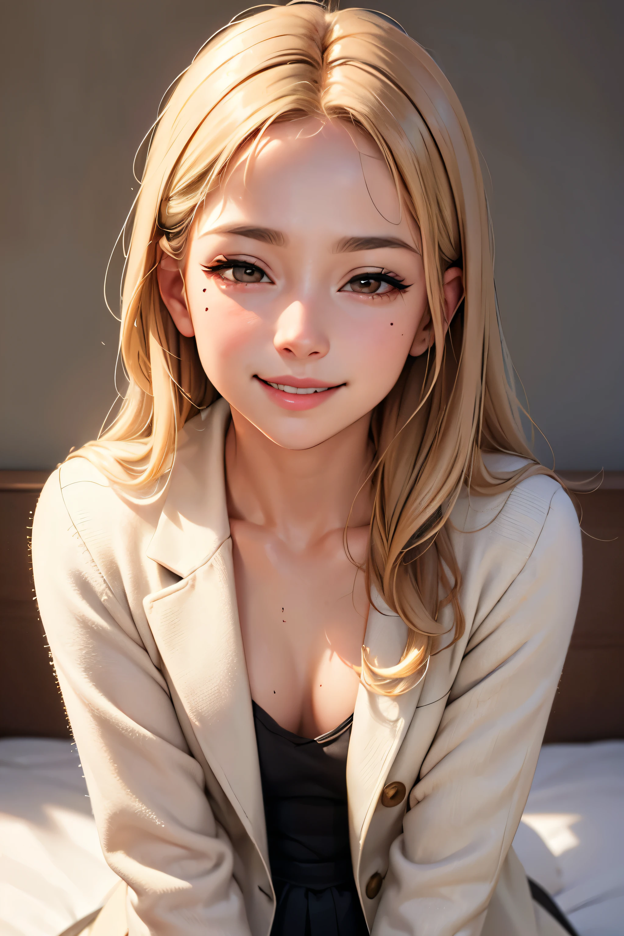 masterpiece, highest quality,Face-to-face audience, Upper body,Middle-aged women,Greek Goddess Attitude, Melon seed face, ((Long, narrow eyes)), Mole under the eye,Brown eyeball, Thin lips, blonde, Very long hair, Laugh with your mouth closed,40 year old mature woman, self-portrait, Simple Background,Thin legs,Close your eyes and smile,The happi coat is open