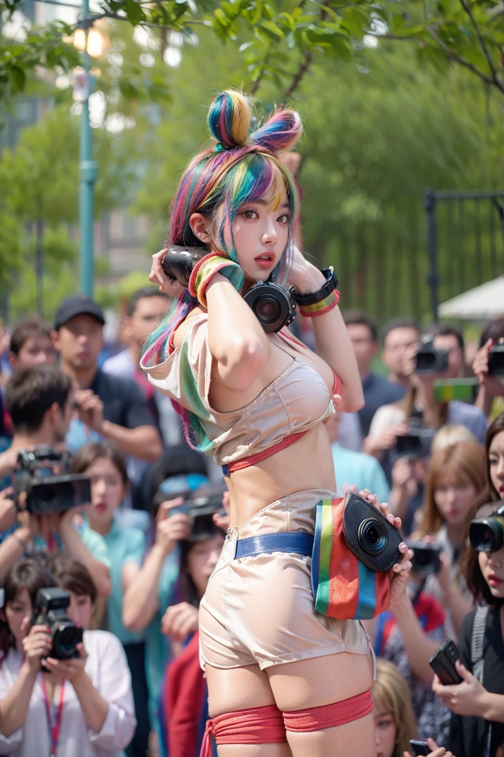 highest quality、surreal、perfect anatomy、crowded downtown area、Wet and shiny white skin、model body shape、micro bikini、Mechanical Fist、Sweat dripping all over the body、rainbow hair、Super small face、blush、Ahegao、Rainy evening、Natural lighting、Surrounded by spectators、Crowd、Photo session、Surrounded by cameras、Buckshot、