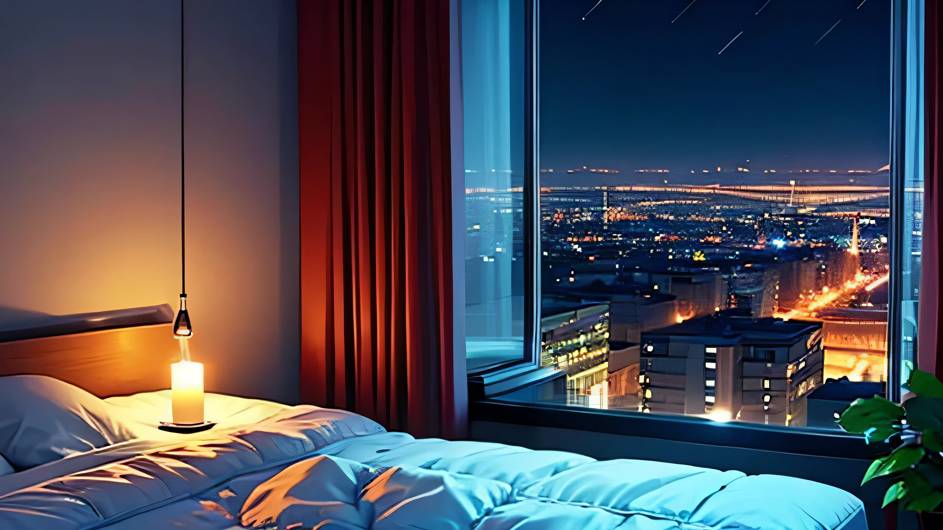 City night I am listening to music with headphones on my bed at very modern room.  the night view from the huge window is very beautiful night view with beautiful candles in her background. there are plants in the background. Lo-fi 