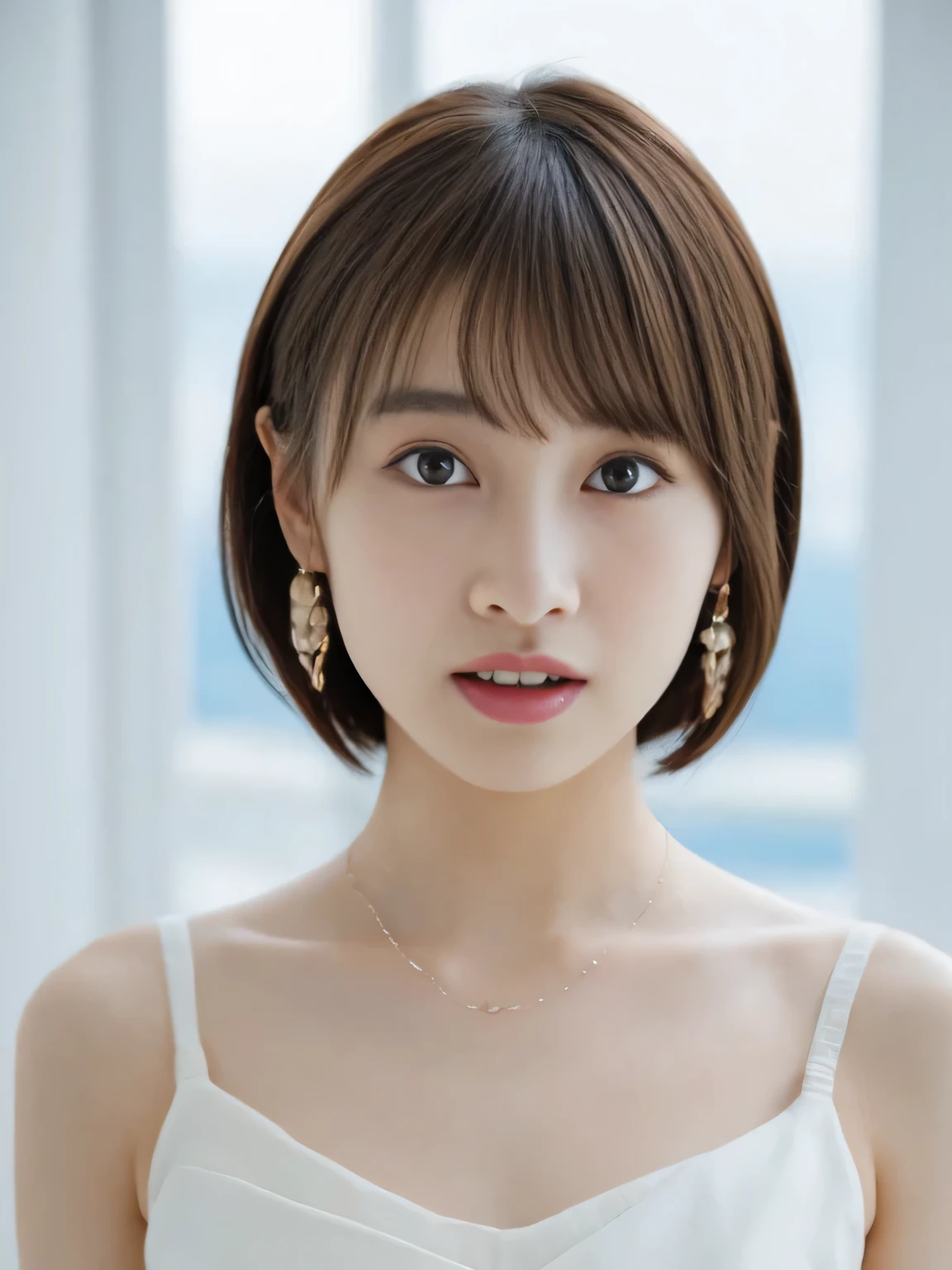 improve,((One Man,Adrian's genius,Jenny Saville,Edward Hopper,The Dark Art of James Jean,Takato Yamamoto)),(RAW Photos,最high quality),(nostalgia,1980s)),(A girl with a literary sense:1.2),Face close-up,(Photorealistic,Photo Real:1.3),Extremely delicate and beautiful,wonderful,Fine detailasterpiece,Hyper Detail,High resolution,Best Illustration,Best Shadow,Complex,Depth of written boundary,One girl,(Long legs:1.4),Long white hair,Messy Hair,Fresh Photos,Soft Light,((((Low Tone,Dark Scene,Dim Light)))),plum,Cropped shoulders,Her chest was half exposed,Huge ,Graduation Dress,Advanced Coil Hair,((Gentle soft lighting:1.4))),(Pale skin:1.4),(Smile and be shy),(movie angle),Get into sharp focus,Volumetric Fog,8K Ultra HD,Digital single-lens reflex camera,high quality,(Film Grain:1.4),Fuji XT3,(View your viewers),Laughter:1.5,
((Gorgeous Earrings, Long Necklace:1.2)),
((Sexy atmosphere, Naughty pose, Staring with an erotic gaze:1.2)),
((Luxurious bedroom in a luxury hotel, White bed, White wall, White floor)),
((The midsummer sun shines on the whole)),
((The large windows overlook the ocean horizon.:1.2)),
Realistic skin texture, Fair skin, Shiny skin, Healthy thighs,
Highly detailed face, Slim face contour, Beautiful small face, Beautiful Nose,
Ultra-detailed eyes, Slit eyes, Brown eyes, double eyelid, Ultra-thin eyebrows, Thin, long eyelashes,
Ultra-detailed lips, Plump and moisturized lips, Glossy pink lips, Flushed Cheeks, ((White beautiful teeth)),
Beautiful actress's languid make-up, Pink lipstick, Smoky eyeshadow, Eye foundation,
Dark Brown Hair, Delicate soft hair, Hair blowing in the wind,
(Elegantly putting your hair up, Medium Short Hair, ponytail:1.2),
Layered Cut, (Blunt bangs:1.2),
((Open your mouth a little)), Looking into the camera,
((Raise your face slightly)),
((Squinting)),
((pursing lips:1.2)),
((Blushing)),
((The cleavage between her breasts is fluffy)),
((Flat Chest)),
((Crotch crack:1.5)),
((Small swollen nipples:1.2)),
((Nipples are wet with water:1.2)),
((Beautiful small pink areola:1.2)),
((Her tiny panties are digging into her ass:1.5)),
((Pay attention to panties and crotch crack:1.2)),
((Stand with your feet apart:1.2)),
