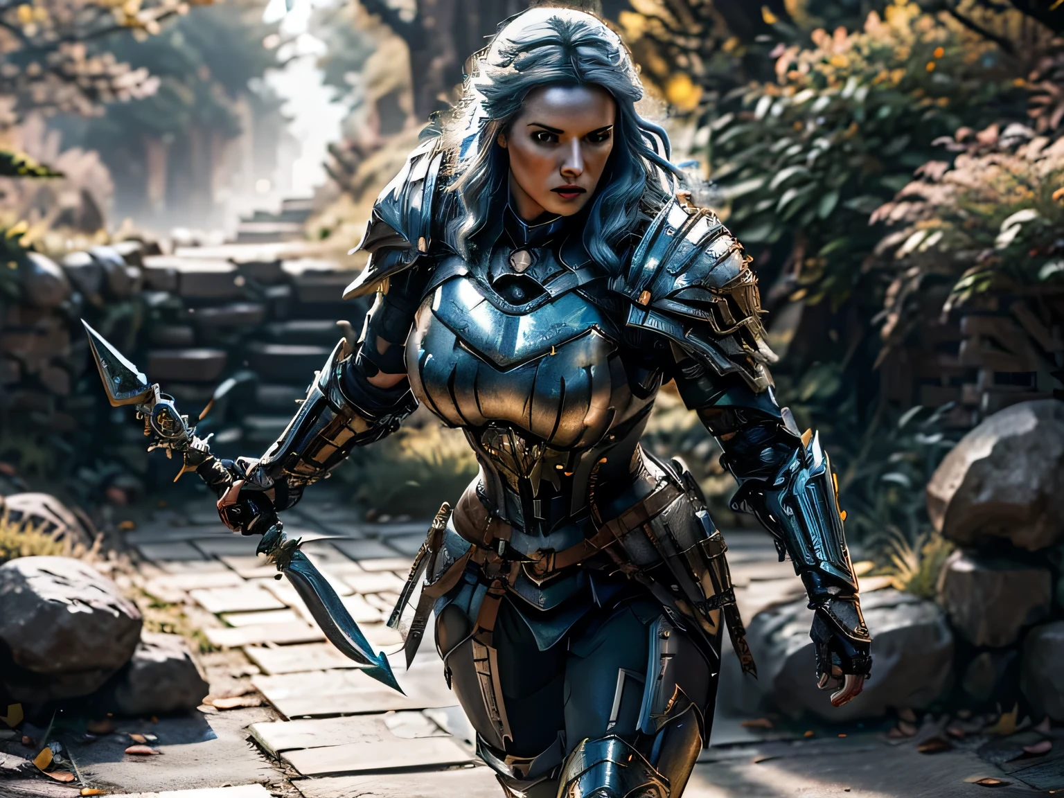 8K,asgard female warrior with very big breasts,Super beautiful(like the real thing),black very large chest armor,realistic skin,luxury black pants,Has a large, long black spear,sexy,muscular slim body,ripped abs,black shoulder armor,black waist armor,black leg armor,desert, rich colors, Backlight, cinematic lighting, film grain, RAW, 50mm lens,nikon D850,ultra high resolution,Super realistic,goddess,battle scene,action scene,action pose,shine a light on the face, long wavy blue hair, the Witcher, the Witcher armor, yennefer, running in the forest
