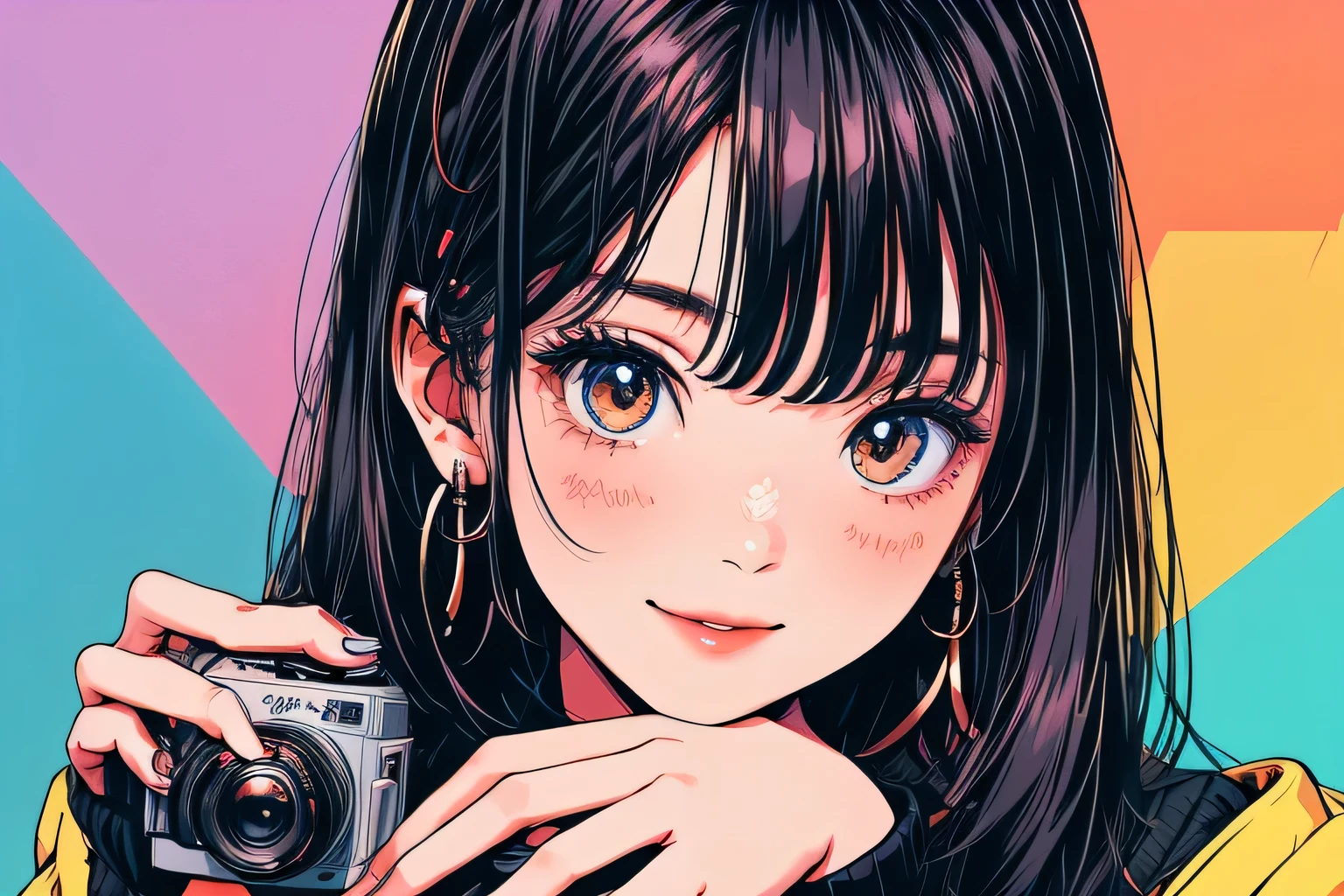 Japanese girl with camera, 2020s, pretty face, smile, shot with Sony a7R IV, --aspect 3:2