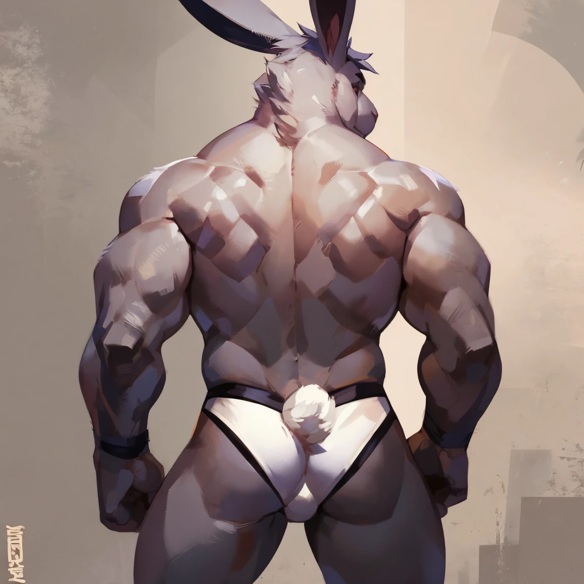 Medium muscular, rabbit, light gray, light gray rabbit, rabbit in underwear, white underwear, long ears, from back, back view, posing, with short tail, tail, rabbit tail, bunny, bunny tail, anatomy, good anatomy, perfect anatomy, male anatomy, perfect body, By mystikfox61