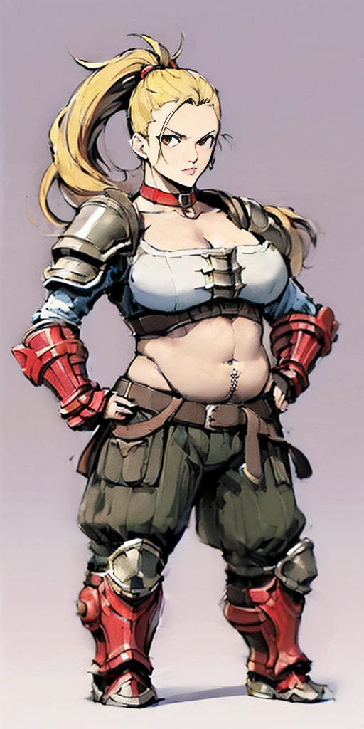 ((Plain background 1:2)) (Cammy White Street Fighter 6) Female full body standing straight symmetrical looking to the viewer RED full body armored (handcuffs, shackles, rerebrace, faulds, poleyn, gauntlets, leather collar choker) big belt under belly button, navel, belt over belly button ((hands on hips))
