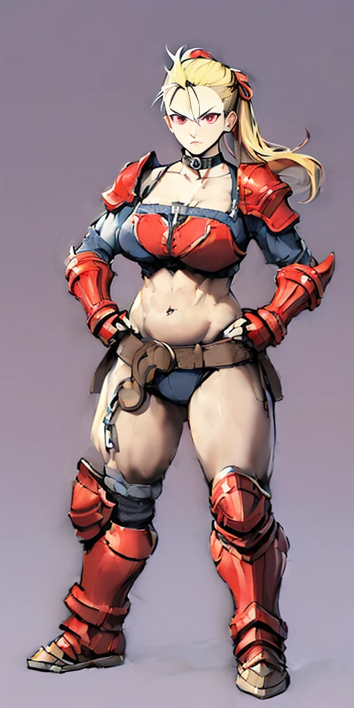 ((Plain background 1:2)) (Cammy White Street Fighter 6) Female full body standing straight symmetrical looking to the viewer RED full body armored (handcuffs, shackles, rerebrace, faulds, poleyn, gauntlets, leather collar choker) big belt under belly button, navel, belt over belly button ((hands on hips))