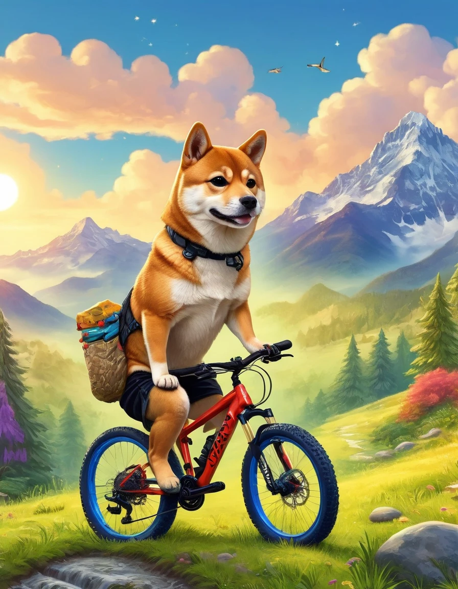 A Shiba Inu dog riding an enduro mountain bike.